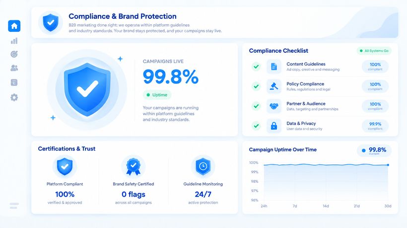 Dashboard illustration showing compliance and trust safeguards: platform guidelines, brand protection, and campaign uptime monitoring